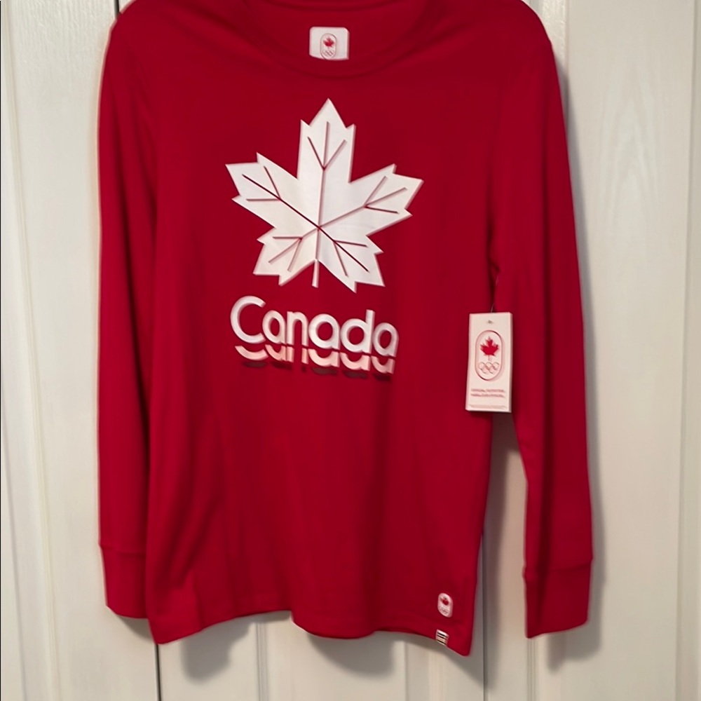 Red and White Long Sleeve Sweatshirt with Maple Leaf Design